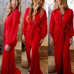 Cameo Wrapped In Red Long Sleeve Maxi Dress