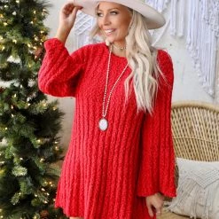 Peach Love Apparel Red Ribbed Tunic Knit Dress