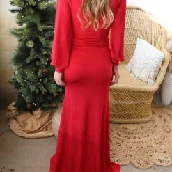 Cameo Wrapped In Red Long Sleeve Maxi Dress