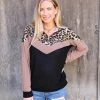HAILEY CO Black + Leopard Chevron Zip-up Block Top