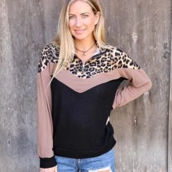 HAILEY CO Black + Leopard Chevron Zip-up Block Top