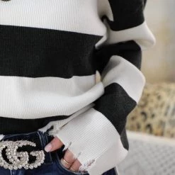 Mazik Black + White Distressed Washed Out Sweater