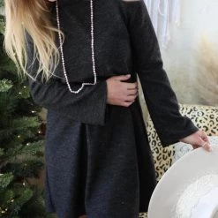 Acting Pro Heathered Black Cold Shoulder + Long Sleeve Dress Apparel