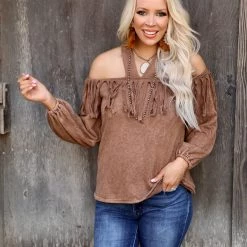 Blue Buttercup Camel Mineral Dyed Cold Shoulder Top Apparel