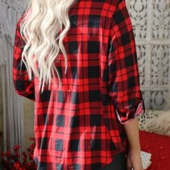 The Lace Cactus Red + Black Plaid Rolled Sleeve Button Down Top
