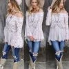 Blue B Apparel Tan Lace Off Shoulder Bell Sleeve Top