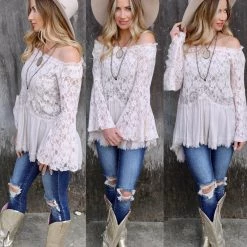 Blue B Apparel Tan Lace Off Shoulder Bell Sleeve Top