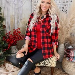 The Lace Cactus Red + Black Plaid Rolled Sleeve Button Down Top