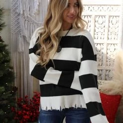 Mazik Black + White Distressed Washed Out Sweater