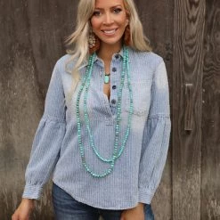 Listicle Denim Textured Striped Washed Henley Top Apparel