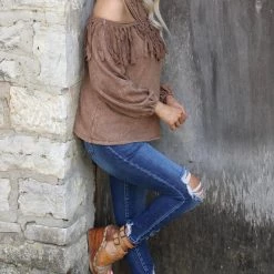 Blue Buttercup Camel Mineral Dyed Cold Shoulder Top Apparel