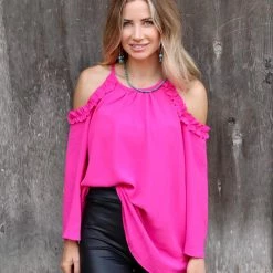 Jodifl Pink Ruffle Cold Shoulder Top