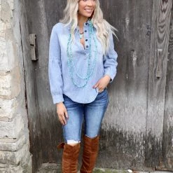 Listicle Denim Textured Striped Washed Henley Top Apparel