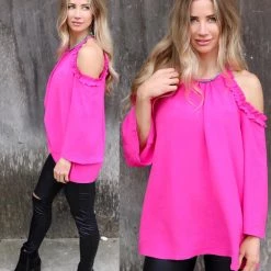 Jodifl Pink Ruffle Cold Shoulder Top