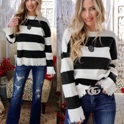 Mazik Black + White Distressed Washed Out Sweater