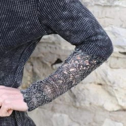 Bibi Apparel Black Charcoal Washed Thermal Lace Sleeve Top