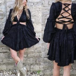 Peach Love Black Festival Lace-up Back Mini Dress