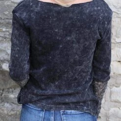 Bibi Apparel Black Charcoal Washed Thermal Lace Sleeve Top