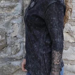 Bibi Apparel Black Charcoal Washed Thermal Lace Sleeve Top