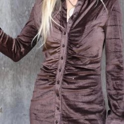 The Lace Cactus Chocolate Velvet Ruched Button-Up Dress