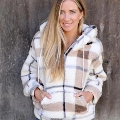 Reflex Apparel Ivory Beige Plaid Sherpa Hoodie