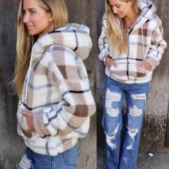 Reflex Apparel Ivory Beige Plaid Sherpa Hoodie