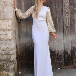 Sweet Symphony White + Gold Sequin Maxi Dress Apparel