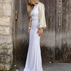 Sweet Symphony White + Gold Sequin Maxi Dress Apparel