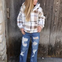 Reflex Apparel Ivory Beige Plaid Sherpa Hoodie