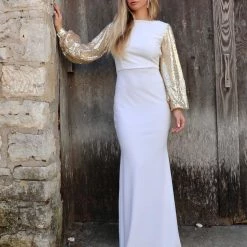 Sweet Symphony White + Gold Sequin Maxi Dress Apparel