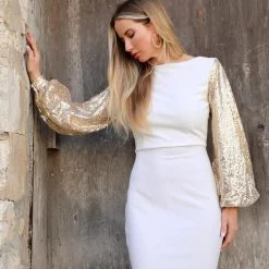Sweet Symphony White + Gold Sequin Maxi Dress Apparel