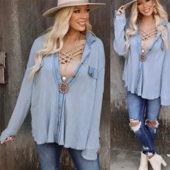 Bibi Vintage Denim Thermal Oversize Top Apparel