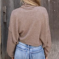 Zenana Mocha Hacci Mock Neck Cropped Sweater