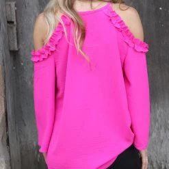 Jodifl Pink Ruffle Cold Shoulder Top