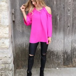 Jodifl Pink Ruffle Cold Shoulder Top