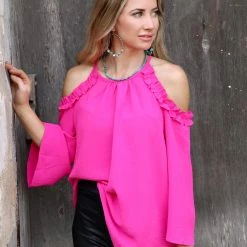 Jodifl Pink Ruffle Cold Shoulder Top