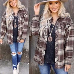 Main Strip Brown + Beige Plaid Oversized Shacket