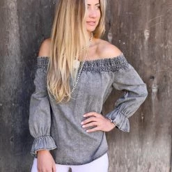 Mazik Apparel Gray Washed Out Off Shoulder Tie-Back Top