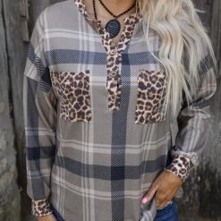 Lovely Melody Apparel Taupe Plaid + Leopard Henley Top