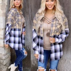 FSL Apparel Camel + Black Plaid Oversize Top