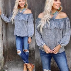 Blue Buttercup Apparel Gray Mineral Dyed Cold Shoulder Top