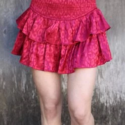 EEsome Apparel Wine Satin Leopard Ruffled Mini Skirt