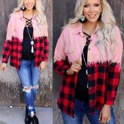 White Birch Red Combo Plaid Woven Dip Dyed Top