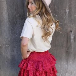 EEsome Apparel Wine Satin Leopard Ruffled Mini Skirt