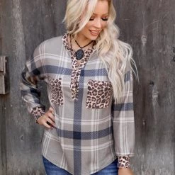 Lovely Melody Apparel Taupe Plaid + Leopard Henley Top