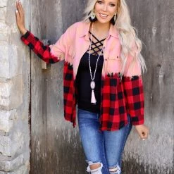 White Birch Red Combo Plaid Woven Dip Dyed Top