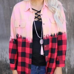 White Birch Red Combo Plaid Woven Dip Dyed Top
