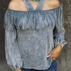 Blue Buttercup Apparel Gray Mineral Dyed Cold Shoulder Top