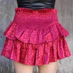 EEsome Apparel Wine Satin Leopard Ruffled Mini Skirt