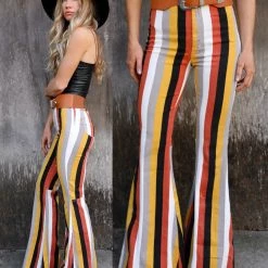 Bibi Black, Mustard And Burnt Orange Striped Bell Bottoms